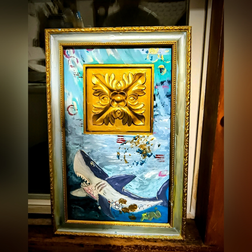Framed Shark acrylic painting with Gold Accent 22 by 14 inch